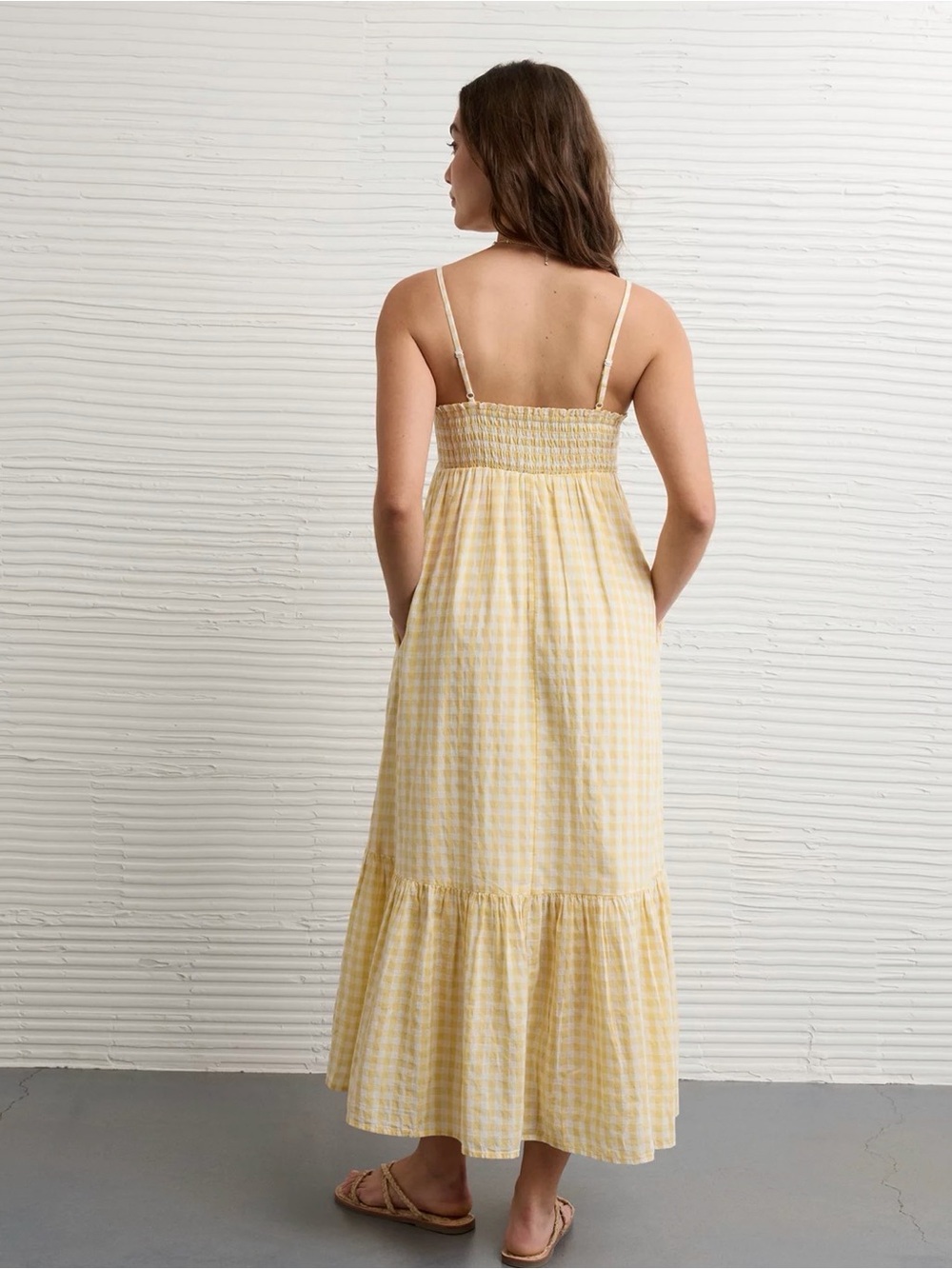 American Eagle Outfitters Yellow Gingham Smocked Midi Dress - Picture 3 of 4